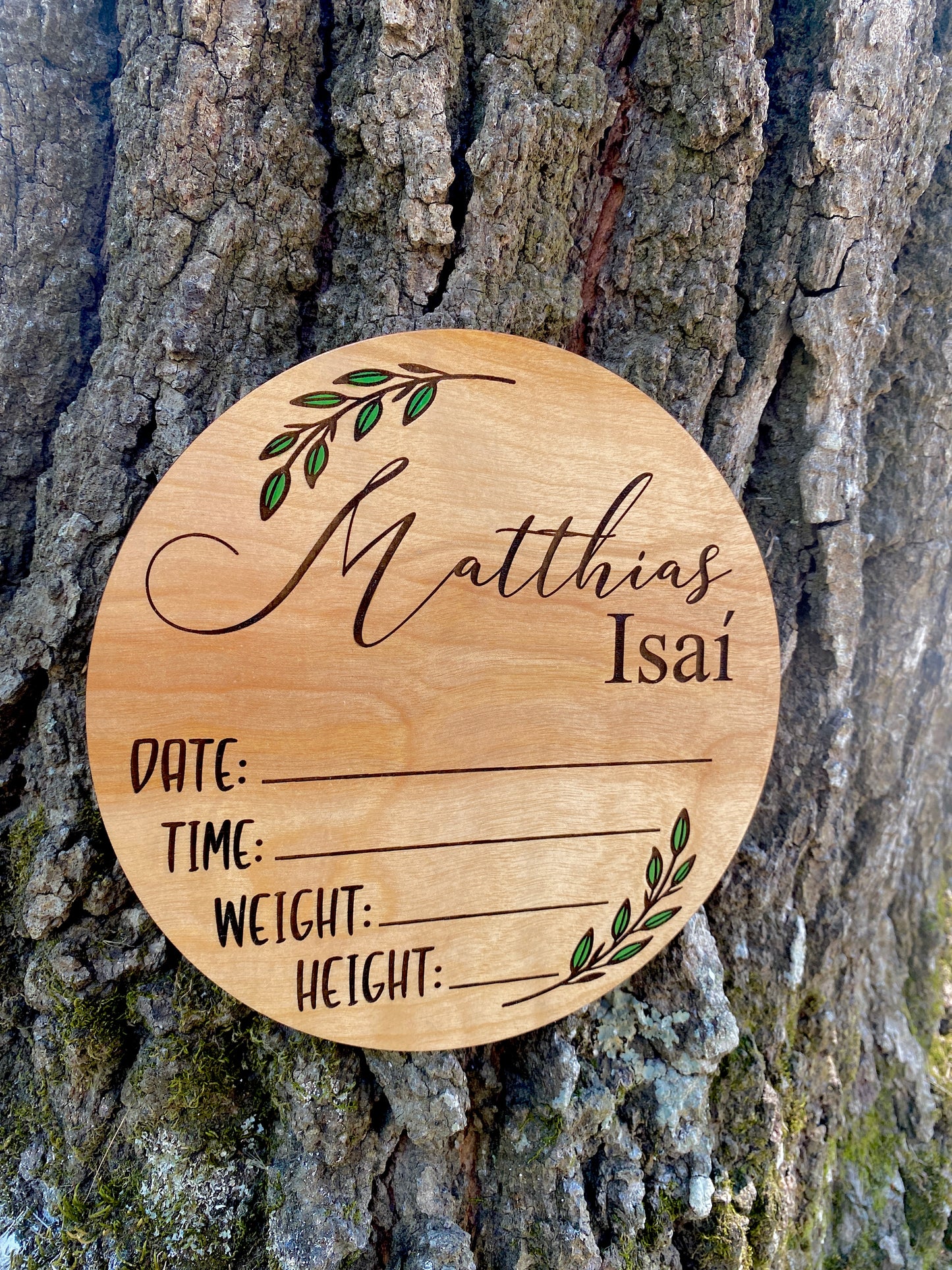 Greenery engraved Name/birth announcement